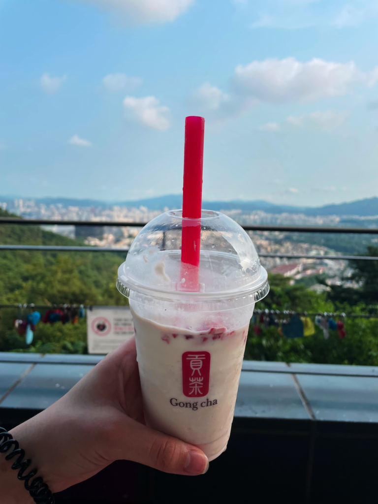 bubbletea in front of namsan tower.